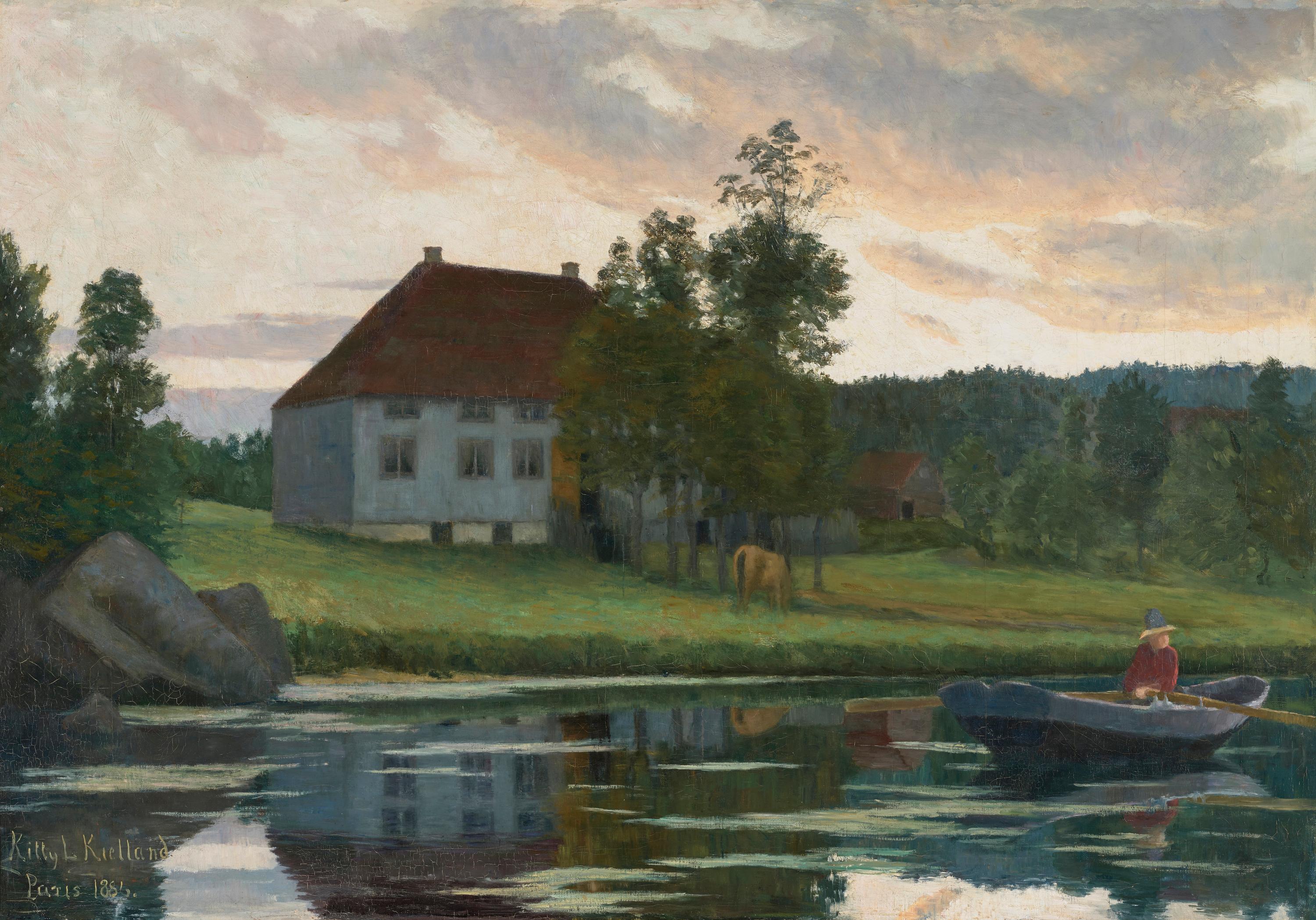 Kitty Kielland, After Sunset, 1886 - Et hvitt hus under brunt tak ved elven med en båt