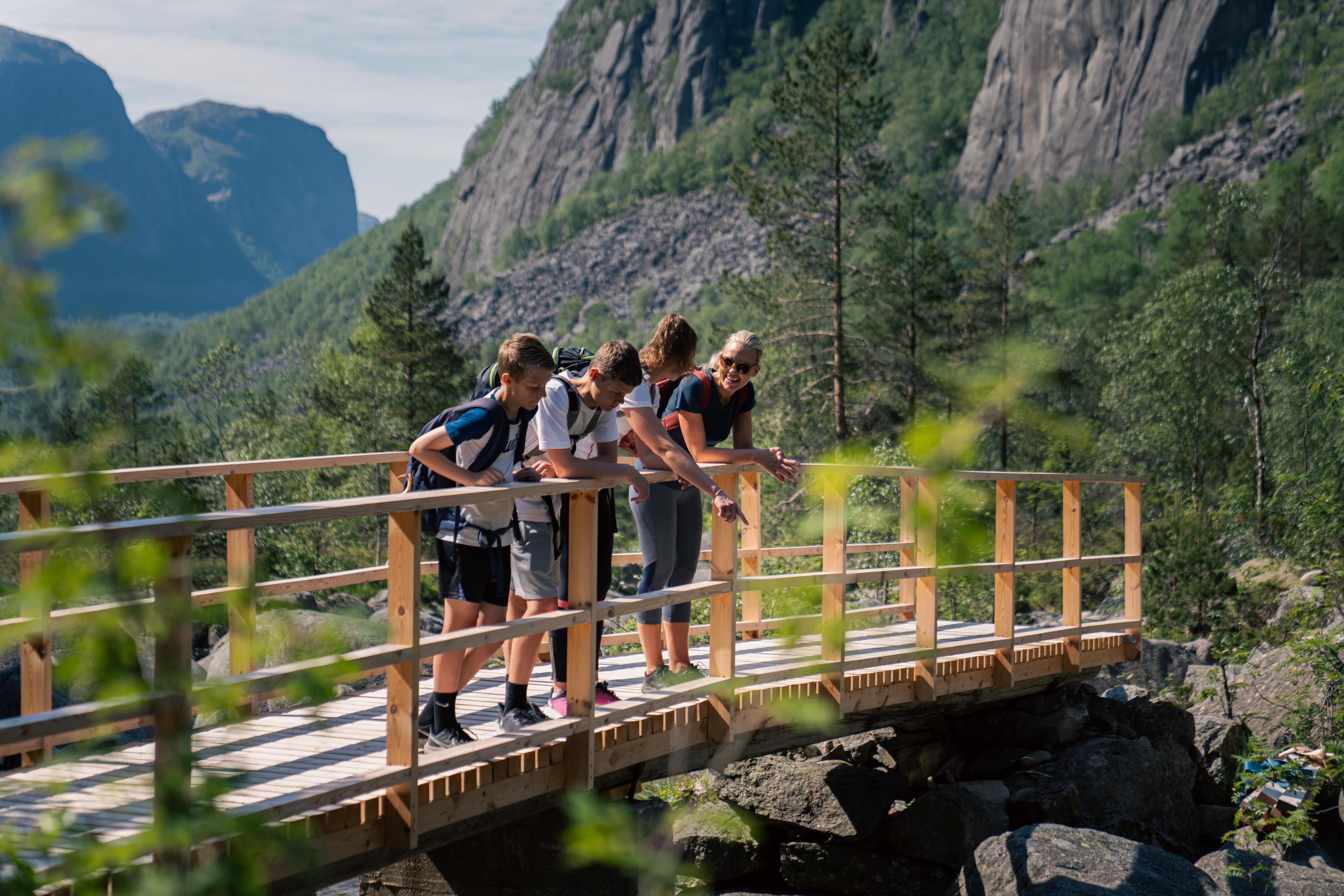 To damer og to barn på en bro i et fjellandskap